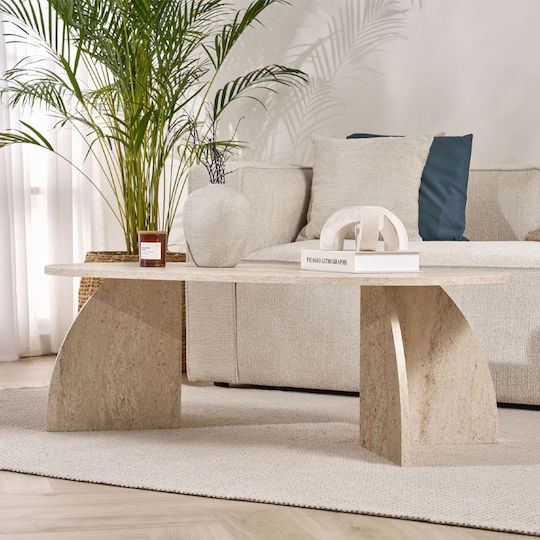 Oval Central Coffee Table Melina Made of Solid Wood Travertine Beige W120xL60xH40cm