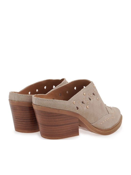 Suede Mules με Ψηλό Τακούνι σε Μπεζ Χρώμα