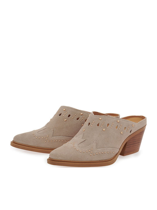 Suede Mules με Ψηλό Τακούνι σε Μπεζ Χρώμα
