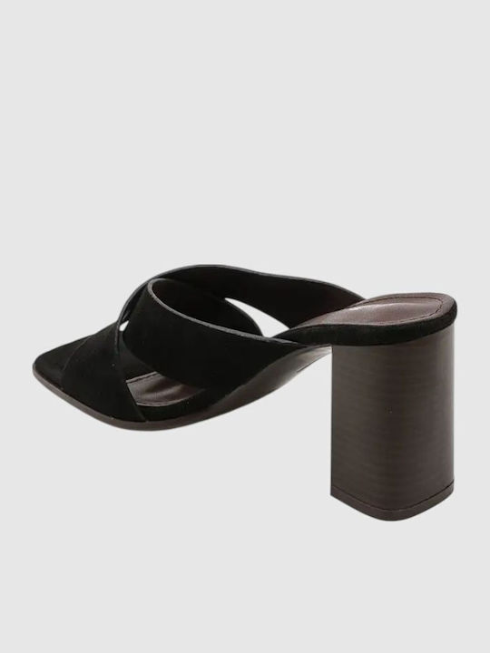Suede Mules με Ψηλό Τακούνι σε Μαύρο Χρώμα