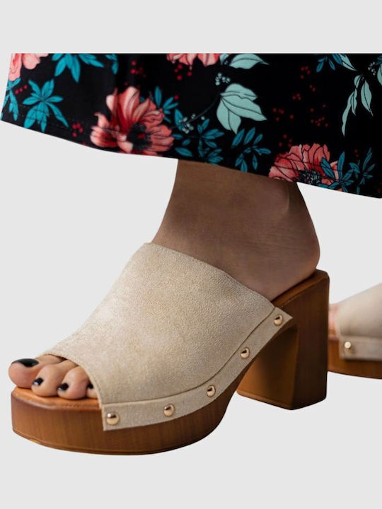 Suede Mules with High Heel in Beige Colour