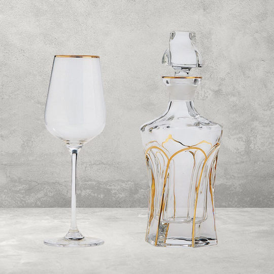 Set Decantor de Nuntă cu Pahar de Vin din Cristal Auriu M-0530 2 Bucăți
