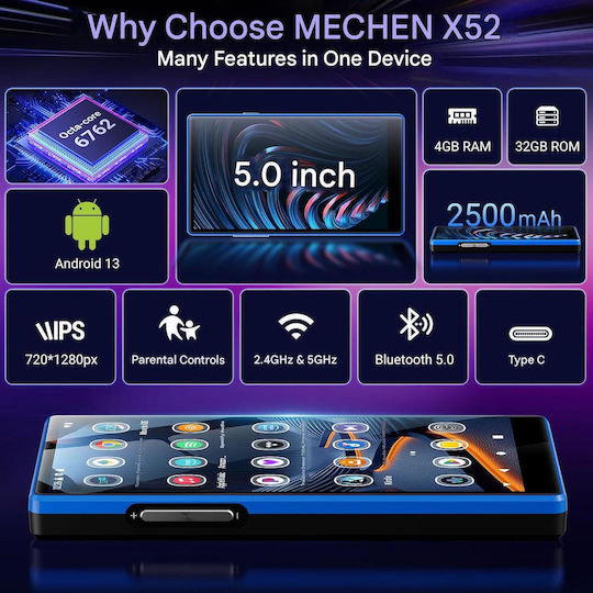 Mp3 Player Android 160gb 32gb + 128gb Ecran Hd 5 Inch Android 13 4gb Ram Octa-core Bluetooth 5.0 Wifi Dual Band Radio Fm Mod Copii Compatibil Spotify Amazon Music Deezer Audible Baterie 2500mah