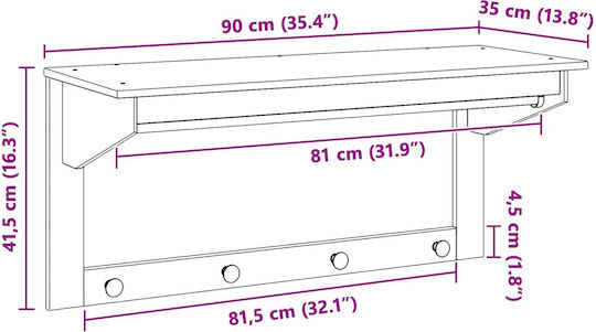 vidaXL Wooden Wall Hanger 4 Hooks White 90x35cm