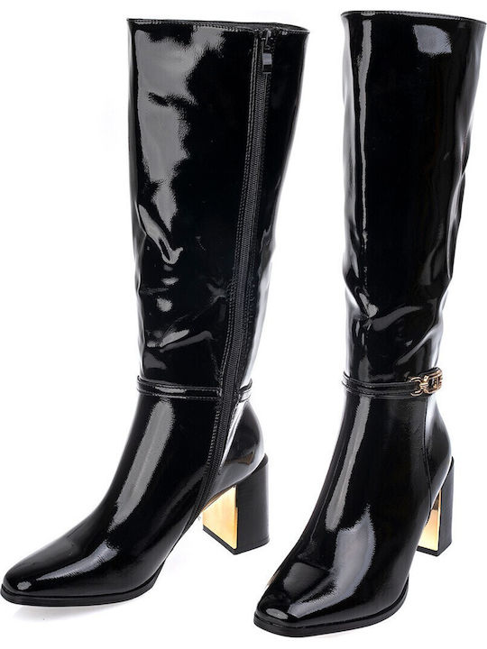 Women's Boots Made of Patent Leather with High Heel Black