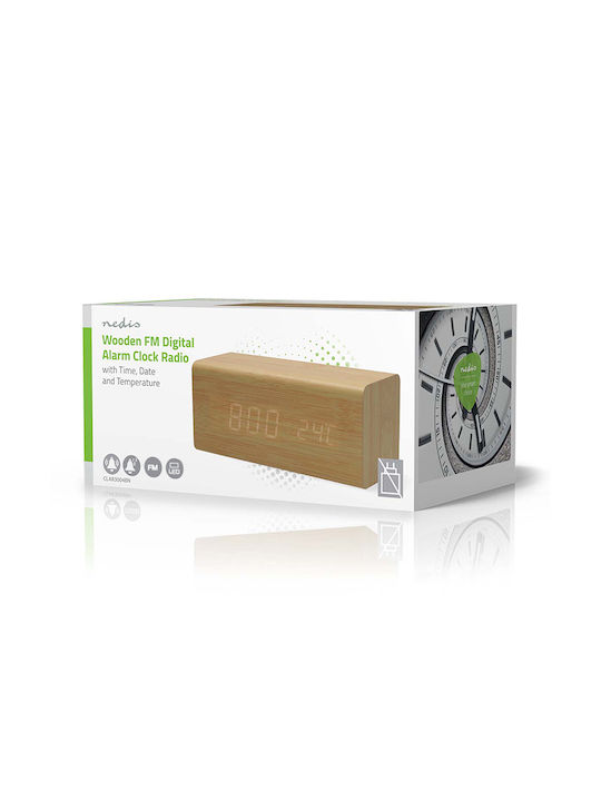 Nedis Tabletop Digital LED Clock Wooden With Alarm Clock & Radio Yellow CLAR3004BN