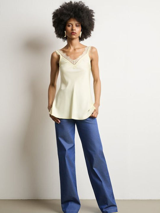 Women's Satin Blouse with Spaghetti Straps & V-Neckline Yellow