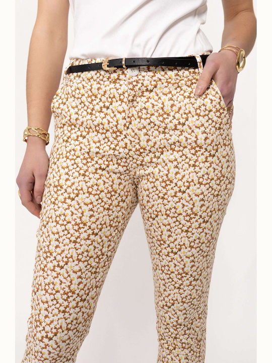 Women's Fabric Trousers Floral Brown