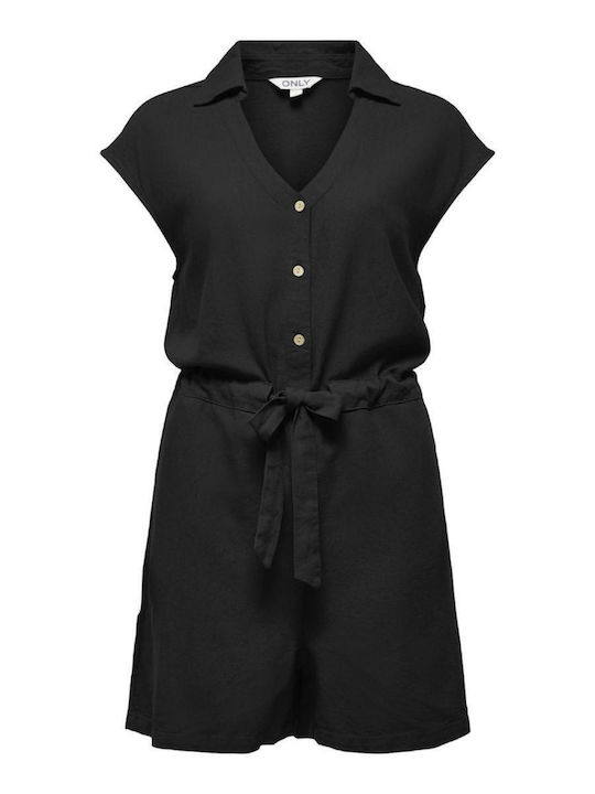Damen Leinen Jumpsuit Schwarz