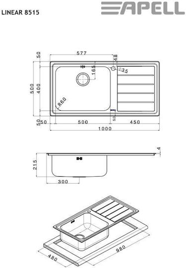 Apell Linear 8515 Ένθετος Νεροχύτης Αριστερός Inox Σατινέ Μ100xΠ50cm Ασημί