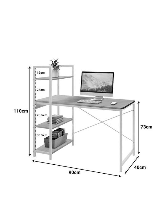 Desk Bencour Wooden with Integrated Bookcase Natural Shade Black with Metal Legs 90x40x73cm