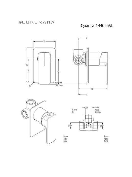 Eurorama Quadra Built-in Mixer & Diverter Set for Shower 3 Exits Inox Silver