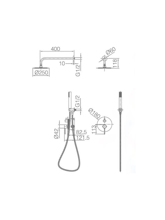 Imex Built-in Mixer, Hand Shower & Shower Head Set for Shower 2 Exits Silver