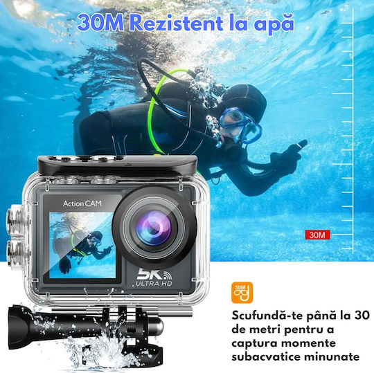 DB-0068 Cameră de Acțiune 256GB 5K Subacvatică (cu Husă) cu Ecran 2" și Wi-Fi Neagră