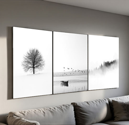 Threefold Glass Set of Black and White Landscape Paintings (35x50cm)