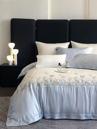 Σετ Παπλωματοθήκη Υπέρδιπλη 220x240cm Κέντημα 2 Μαξιλαροθήκες & 1 Σεντόνι Σιέλ Μαργαριταρένιο Λευκό