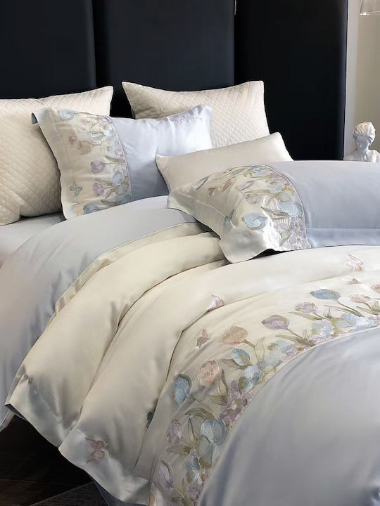 Σετ Παπλωματοθήκη Υπέρδιπλη 220x240cm Κέντημα 2 Μαξιλαροθήκες & 1 Σεντόνι Σιέλ Μαργαριταρένιο Λευκό