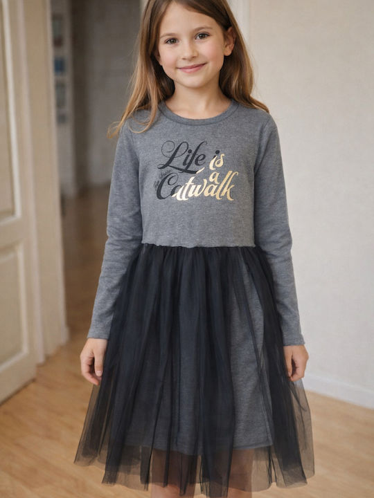Mädchenkleid Langärmelig Tüll Grau