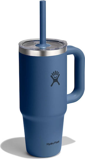 Hydro Flask Reise Becher mit Griff Thermosflasche Rostfreier Stahl / Kunststoff 710ml Harbor Blau mit Stroh und Handgriff