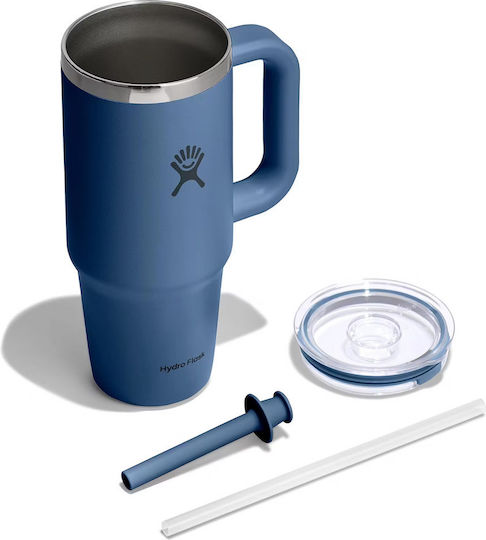 Hydro Flask Reise Becher mit Griff Thermosflasche Rostfreier Stahl / Kunststoff 710ml Harbor Blau mit Stroh und Handgriff