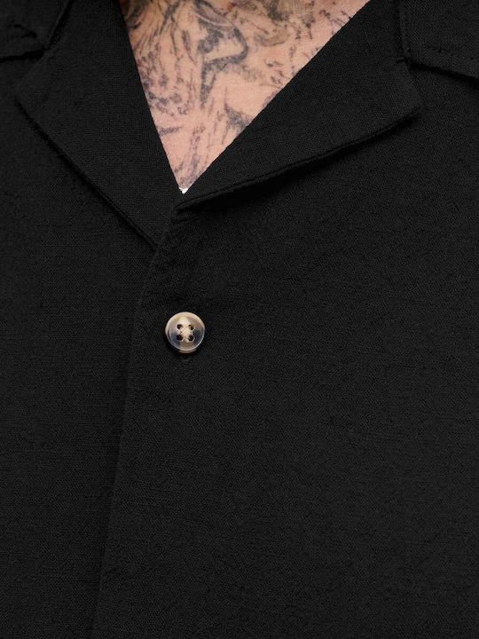 Resort Short Sleeve Linen Shirt in Wide Line Black