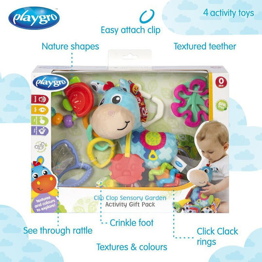 Playgro Suspendata Jucărie pentru Leagăn și Cărucior cu Teether Clip Clop Sensory Garden pentru 0++ Luni