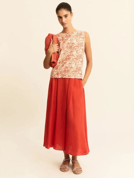 Linen Pleated Midi Skirt Red