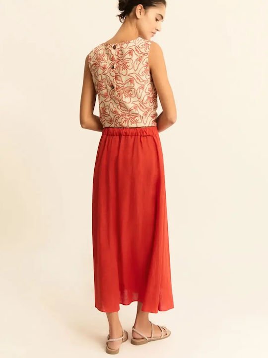 Linen Pleated Midi Skirt Red