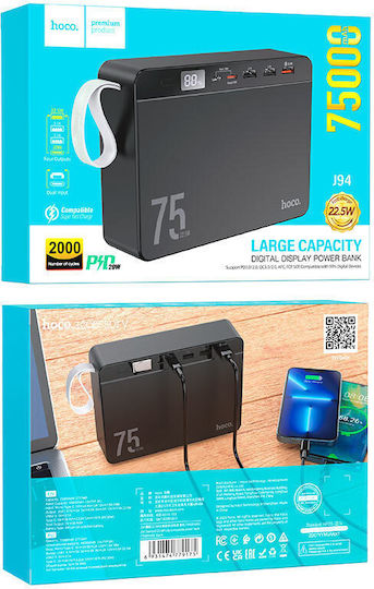 Hoco J94 Overlord Power Bank 75000mAh 22.5W mit 3 USB-A Anschlüssen und USB-C Anschluss Schwarz