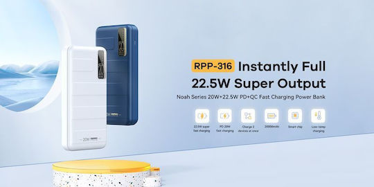 Remax RPP-316 Noah Series Power Bank 20000mAh 22.5W with USB-A and USB-C Output Ports Blue