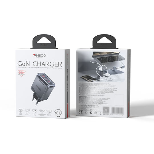 Yesido Charger Without Cable GaN with USB-A Port and 2 USB-C Ports 65W Black (YC101)