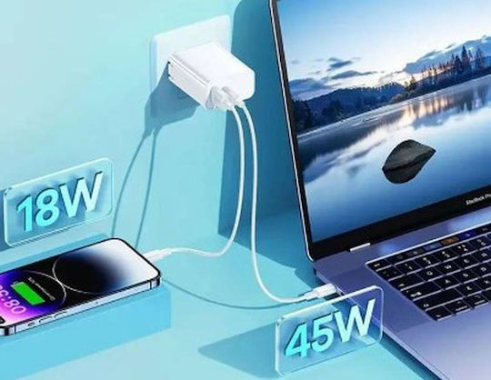 Remax Φορτιστής Χωρίς Καλώδιο με Θύρα USB-A και Θύρα USB-C 65W Power Delivery Λευκός (RP-U125)