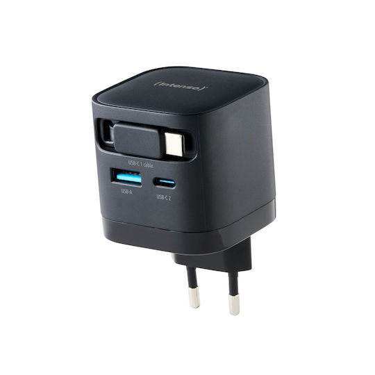 Intenso Φορτιστής GaN με Θύρα USB-A και Θύρα USB-C και Καλώδιο USB-C 65W Μαύρος (7806520)