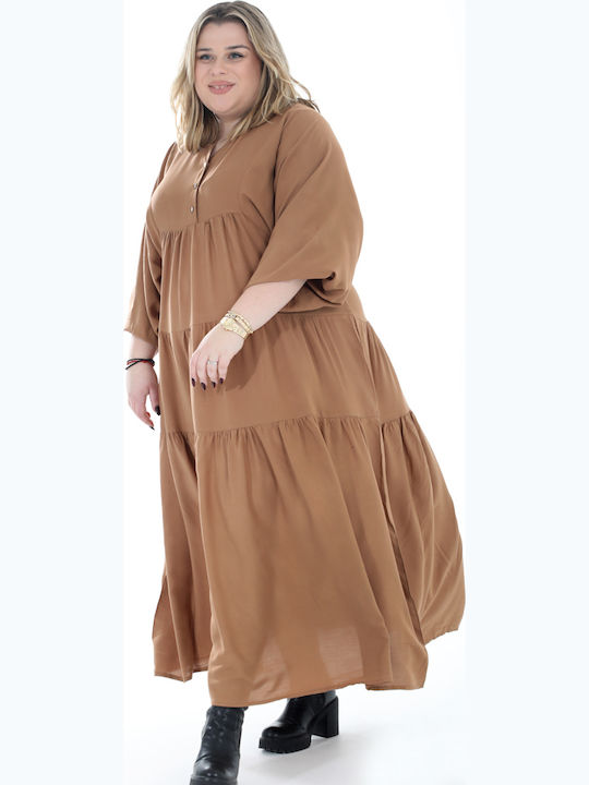 Maxi Shirt Dress with Ruffles Tabac
