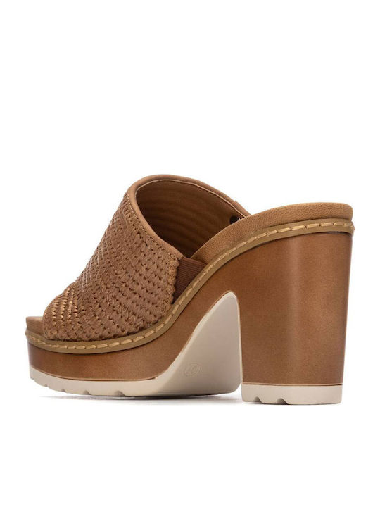 Women's Mules with Chunky High Heel in Tabac Brown Color