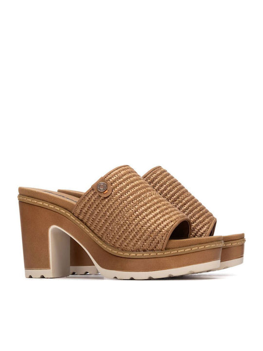 Women's Mules with Chunky High Heel in Tabac Brown Color