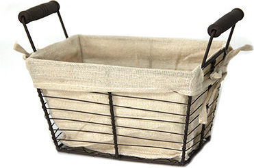 Set 6 Rectangular Bread Serving Baskets Raki 21.5x10x15cm Wooden Handles Made Metal Fabric