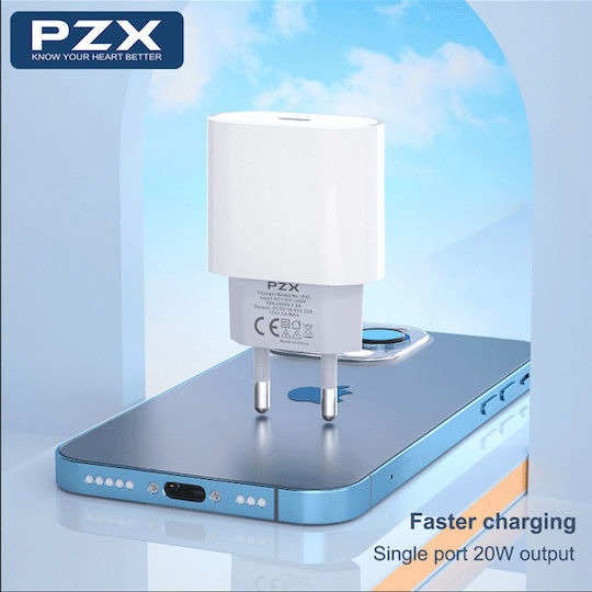 PZX Φορτιστής με Θύρα USB-C και Καλώδιο USB-C - USB-C 20W Λευκός (P43)