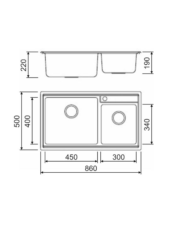 Macart Crystal N-175 Drop-In Sink Left Inox Satin W86xD50cm Silver