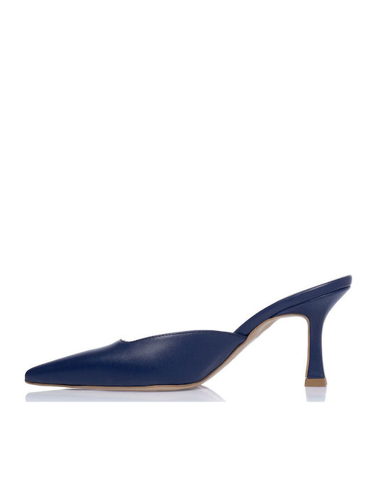 Leather Mules with High Heel in Blue Colour