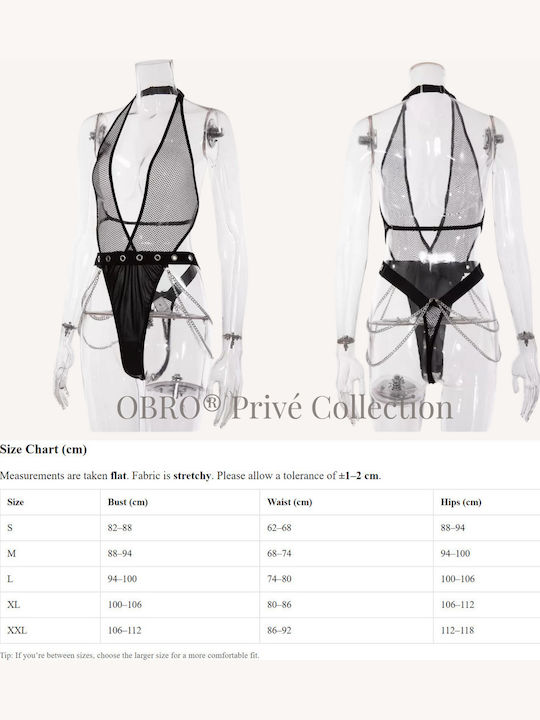 Body Sexy Negru Pentru Femei Din Plasă Piele Ecologică Obro Decolteu Adânc Lanțuri Metalice