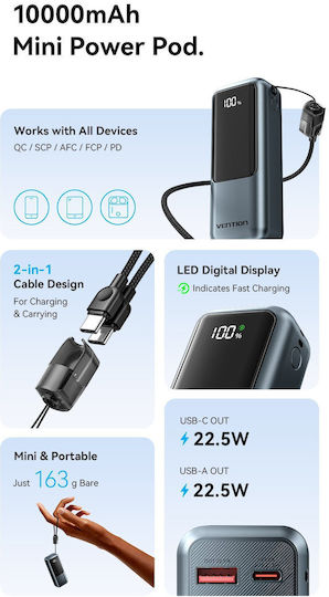 Vention Power Bank 10000mAh 22.5W with USB-A Port and USB-C Power Delivery Port