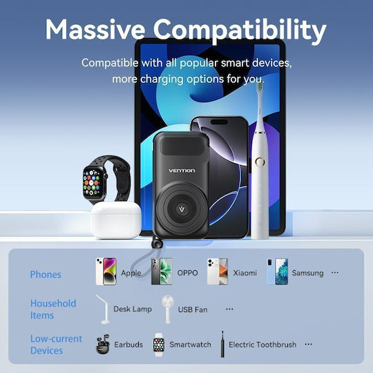 Vention Power Bank 10000mAh 15W με Θύρα USB-A και Θύρα USB-C Μαύρο