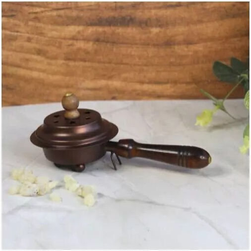 Kupfernes Weihrauchfass mit Deckel Holzgriff Länge 17cm