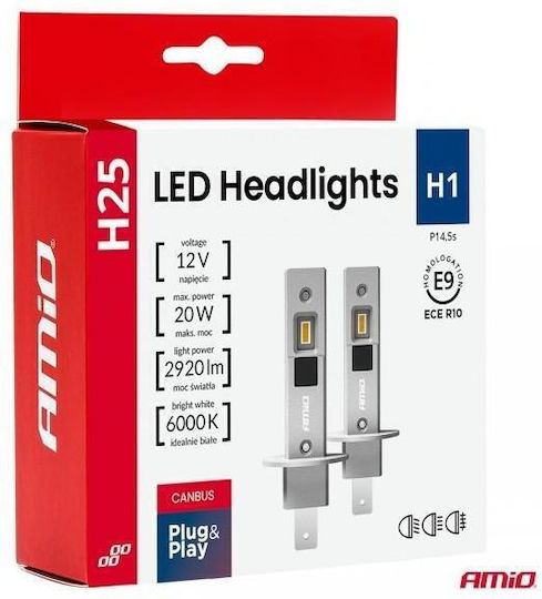 AMiO Λάμπες Αυτοκινήτου & Μοτοσυκλέτας H1 Canbus LED 6000K Ψυχρό Λευκό 12V 20W 2τμχ