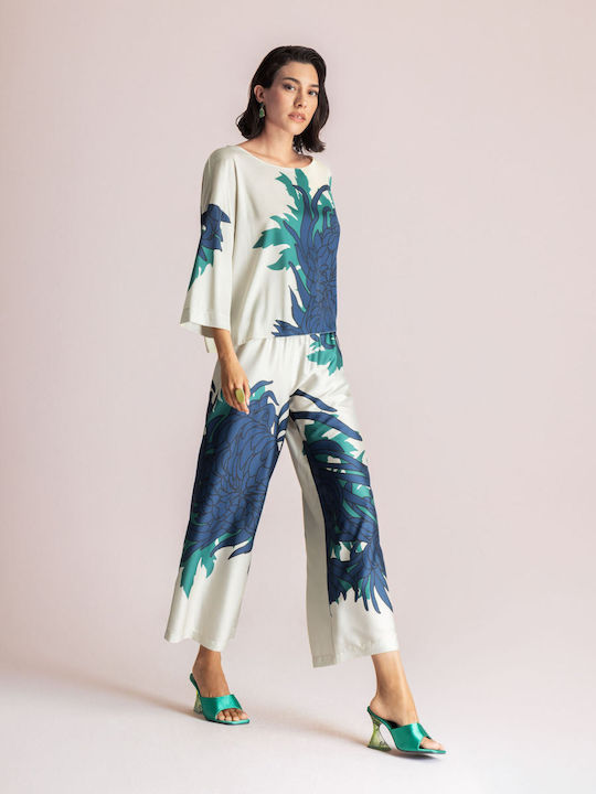 Women's Fabric Pantaloons Floral Ecru Blue Green
