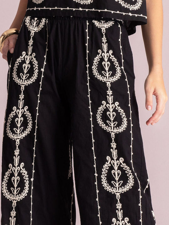Pantaloni Largi Dama cu Elastic în Croială Lejeră Negru