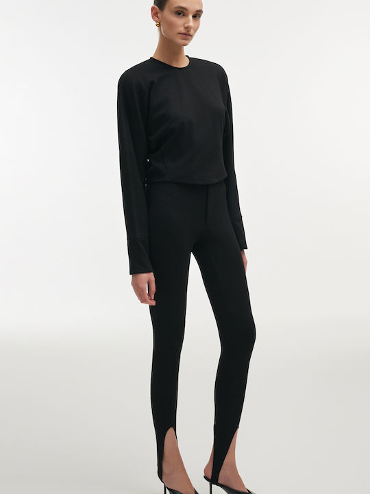Women's Leather Long Sleeve Crop Top Black