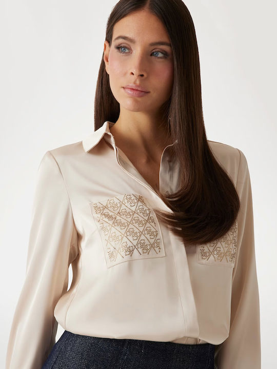 Long Sleeve Women's Satin Shirt Ecru