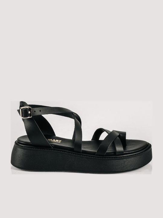 Δερμάτινα Γυναικεία Σανδάλια Flatforms Μαύρα